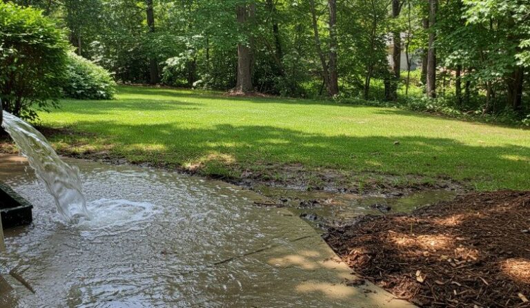 Water flows from a pipe, draining a flooded area