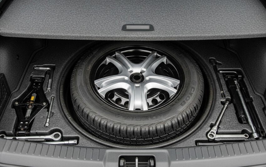 Close-up view of a car's trunk revealing a compact spare tire