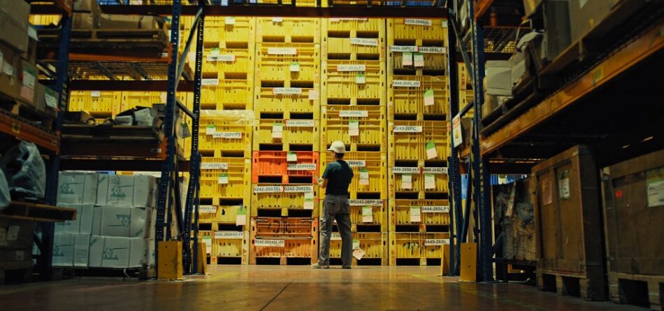 Large-scale warehouse with organized storage bins and a logistics worker managing high-volume inventory operations