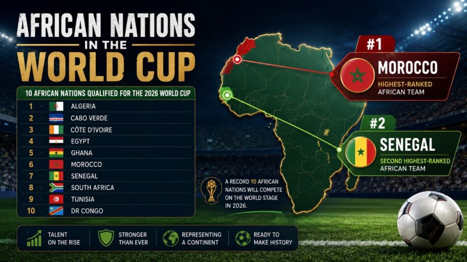 Graphic showing the African teams competing in the 2026 World Cup, with a map of Africa, football stadium background, and highlighted teams including Morocco and Senegal.